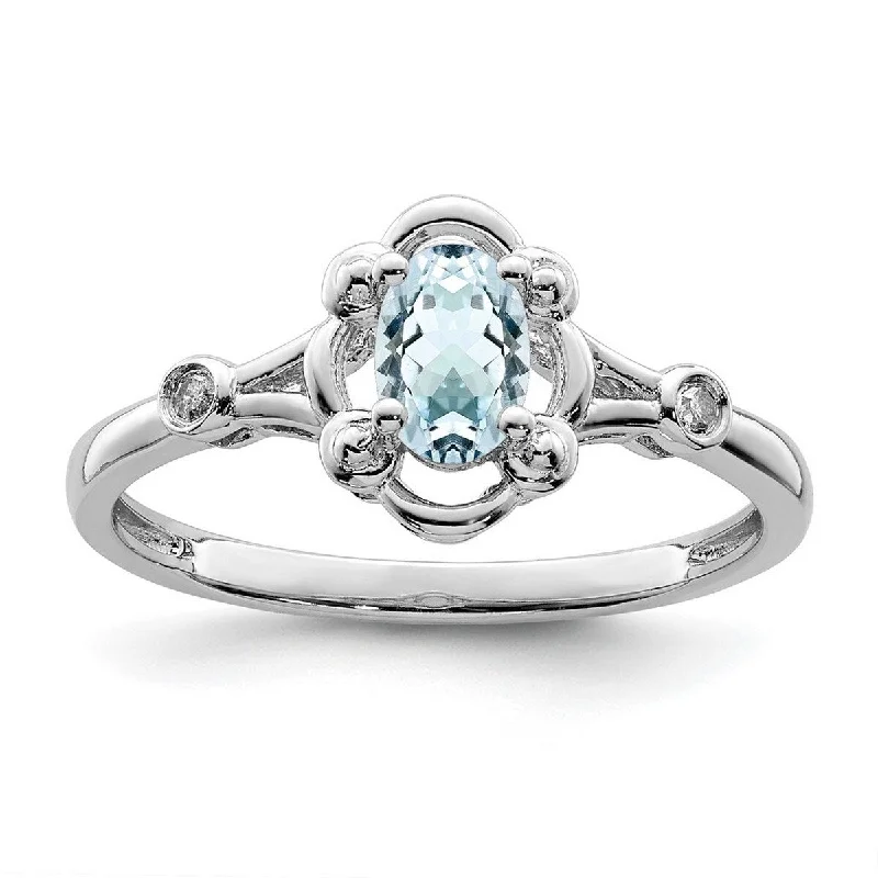 Curata 925 Sterling Silver Polished Open back Aquamarine and Diamond Ring