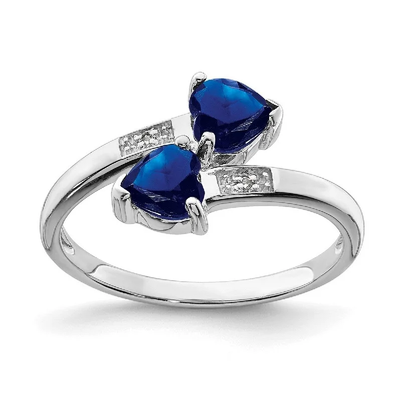 Curata 925 Sterling Silver Polished Open back Rhodium Dark Sapphire and Diamond Love Heart Ring