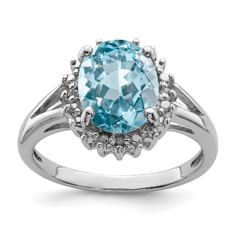 Curata 925 Sterling Silver Polished Open back Rhodium Light Swiss Blue Topaz and Diamond Ring