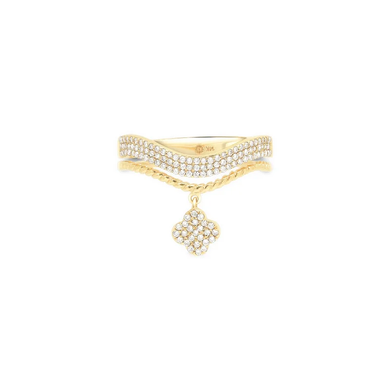 Diamond Pavé Studded Clover Drop Cable Ring