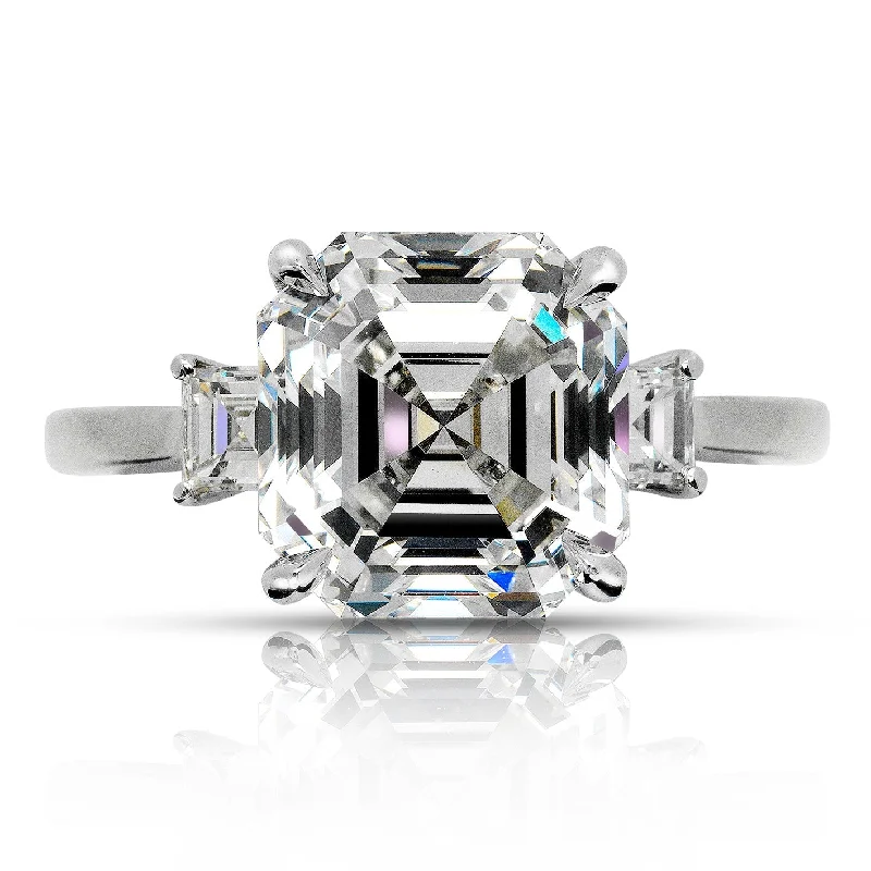 MAVIA 6 CARAT ASSCHER CUT E COLOR VVS1 CLARITY 3 STONE DIAMOND ENGAGEMENT RING 18K WHITE GOLD GIA CERTIFIED 5 CT E VVS1 BY MIKE NEKTA