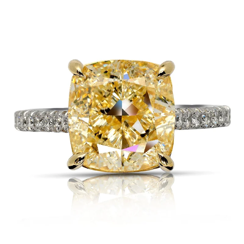 MEG 6 CARAT CUSHION CUT YELLOW  DIAMOND ENGAGEMENT RING PLATINUM & 18K GOLD GIA CERTIFIED 5 CT W VS1  BY MIKE NEKTA