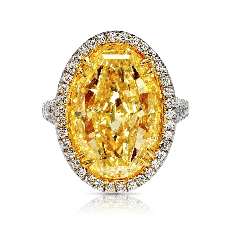 MIRAGE 13 CARAT OVAL CUT CLARITY ENHANCED FANCY INTENSE YELLOW DIAMOND ENGAGEMENT RING PLATINUM & 18K GOLD GIA CERTIFIED 12 CT FIY BY MIKE NEKTA