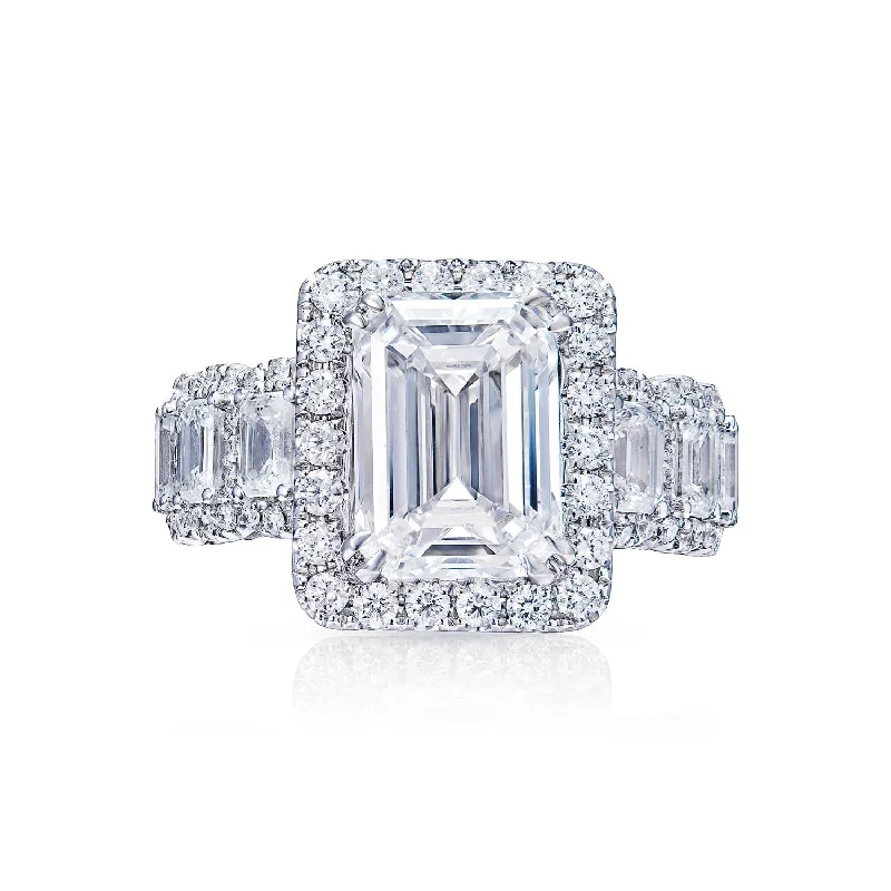 Mylah 7 Carat E IF Emerald Cut Diamond Engagement Ring in 18k White Gold. GIA Certified