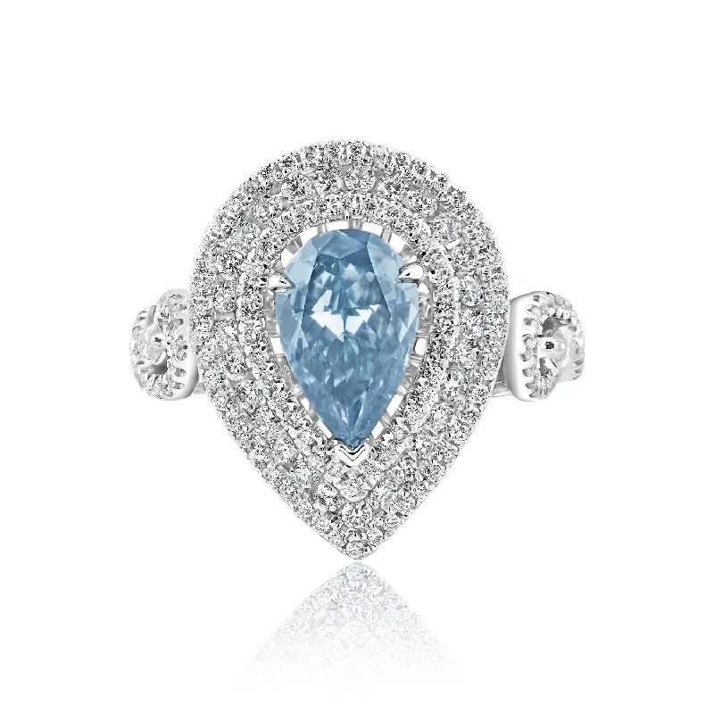 Novah 2 Carats Fancy Intense Blue VS1 Pear Shape Diamond Engagement Ring in 18k White Gold GIA CERTIFIED