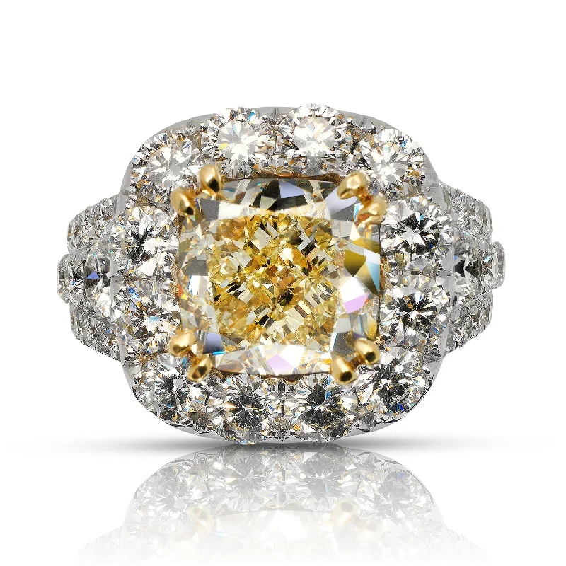 PADME 8 CARAT CUSHION CUT HALO YELLOW DIAMOND ENGAGEMENT RING 18K GOLD GIA CERTIFIED 4 CT W VS1 BY MIKE NEKTA