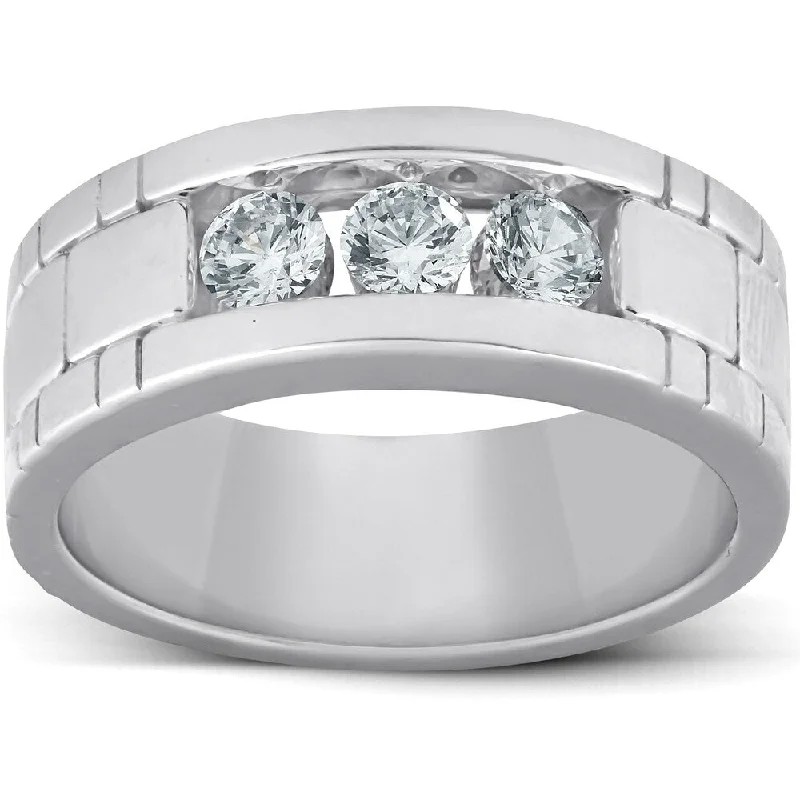 Pompeii3 10k White Gold 1 Ct Three Stone Mens Heavy Weight Anniversary Ring