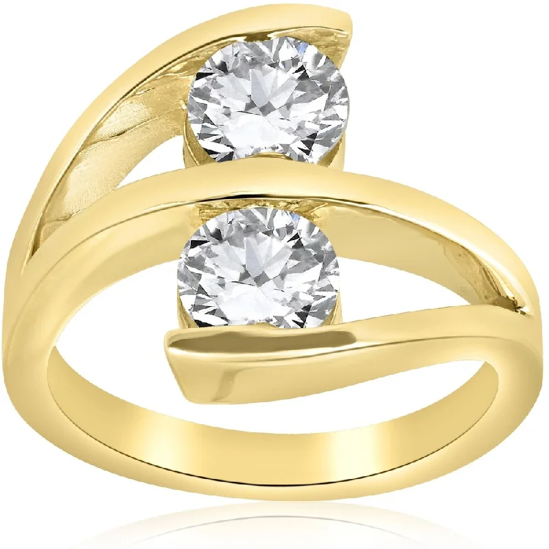 Pompeii3 14k Yellow Gold 2 Ct TDW Two Stone Diamond Ring Wide Multi-Row Clarity Enhanced