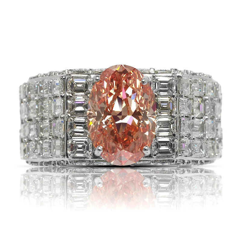 RHAEGAL 20 CARAT MEN’S PINK DIAMOND CHANDELIER RING 14K WHITE GOLD  FANCY VIVID ORANGY PINK 4 CT OVAL CUT VS2 CLARITY  GIA CERTIFIED BY MIKE NEKTA