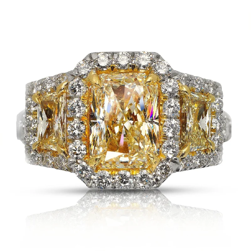 SAIFA 5 CARAT RADIANT CUT THREE STONE YELLOW DIAMOND ENGAGEMENT RING PLATINUM & 18K GOLD CERTIFIED MIKE NEKTA