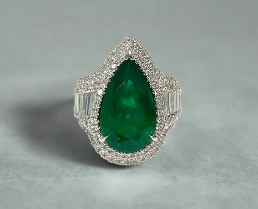 Scottie 7.06 Carats Pear Cut Emerald Gemstone Ring in 18K White Gold By Mike Nekta NYC