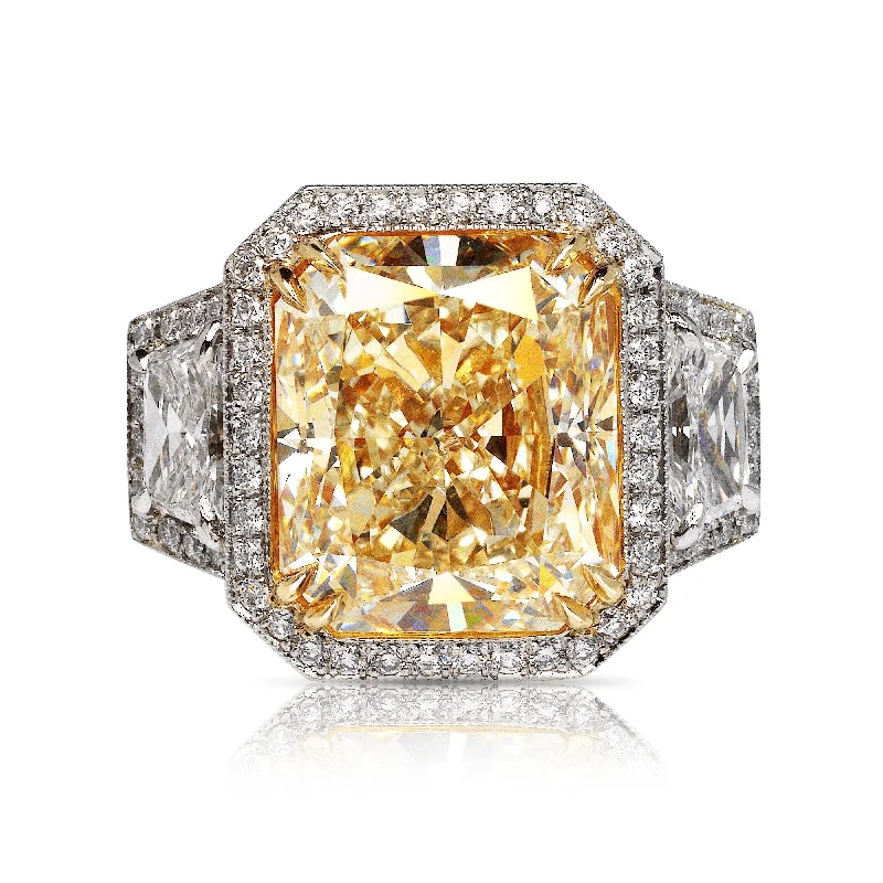 SOL 13 CARAT RADIANT CUT FANCY YELLOW COLOR VS2 CLARITY DIAMOND ENGAGEMENT RING PLATINUM GIA CERTIFIED 10 CT FY VS2 BY MIKE NEKTA