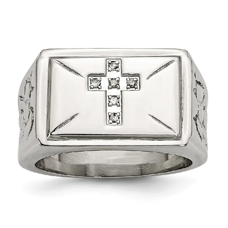 Stainless Steel And .05 Ctw H-I, I2 Diamond Cross Tapered Ring