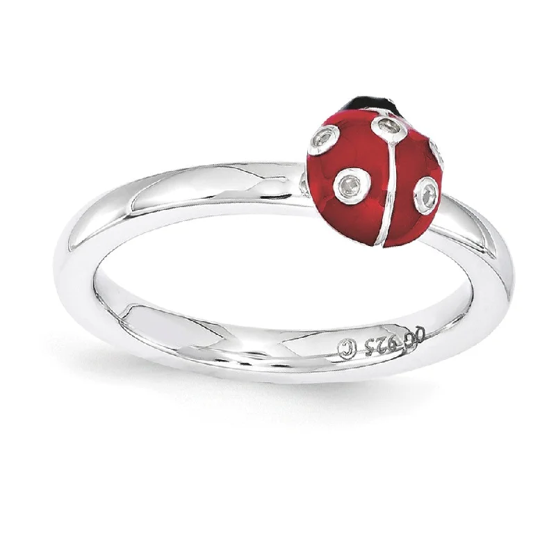 Sterling Silver Stackable Enamel .015Ctw Diamond 7mm Ladybug Ring