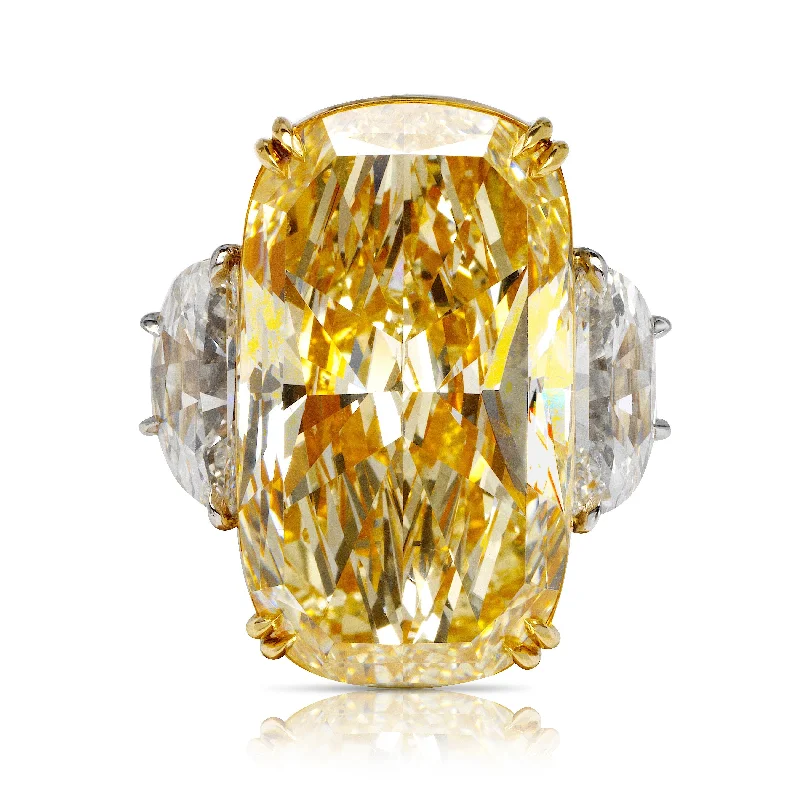 SUN 30 CARAT CUSHION CUT FANCY INTENSE YELLOW COLOR SI1 CLARITY DIAMOND ENGAGEMENT RING PLATINUM & 18K GOLD GIA CERTIFIED 28 CT FIY SI1 BY MIKE NEKTA