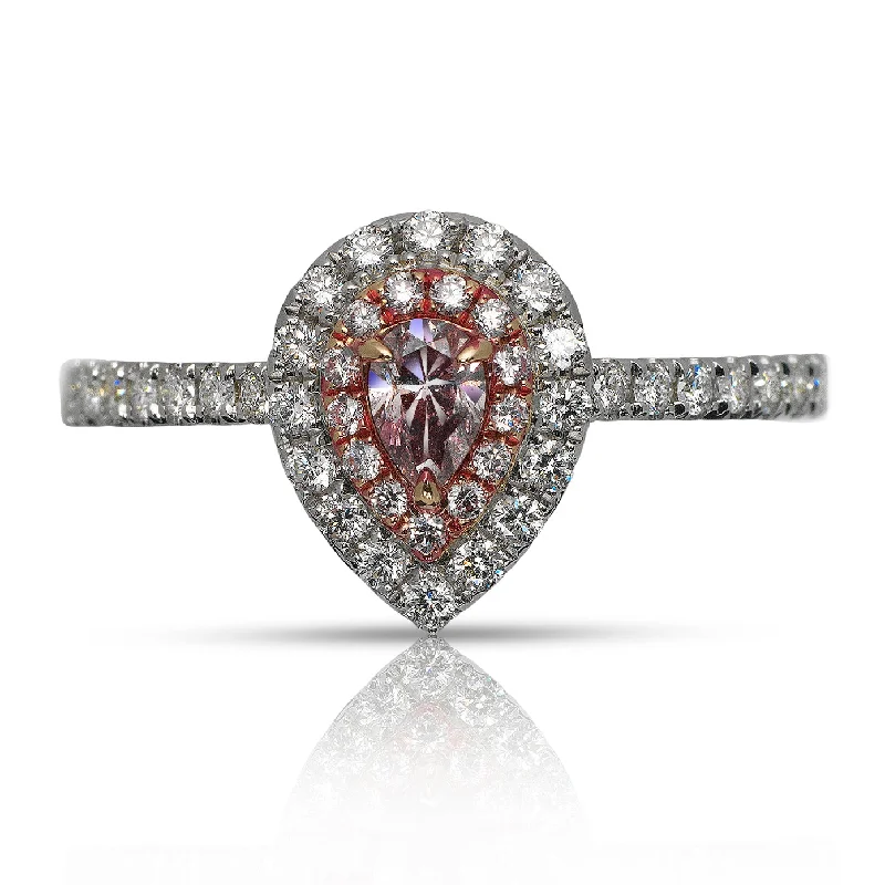 SWAN HALO PEAR SHAPE FANCY PINK DIAMOND ENGAGEMENT RING 18K ROSE WHITE GOLD GIA CERTIFIED 0.15 CT FIPP BY MIKE NEKTA