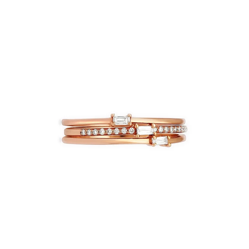 Three Band Baguettes and Round Diamond Stacking Rings