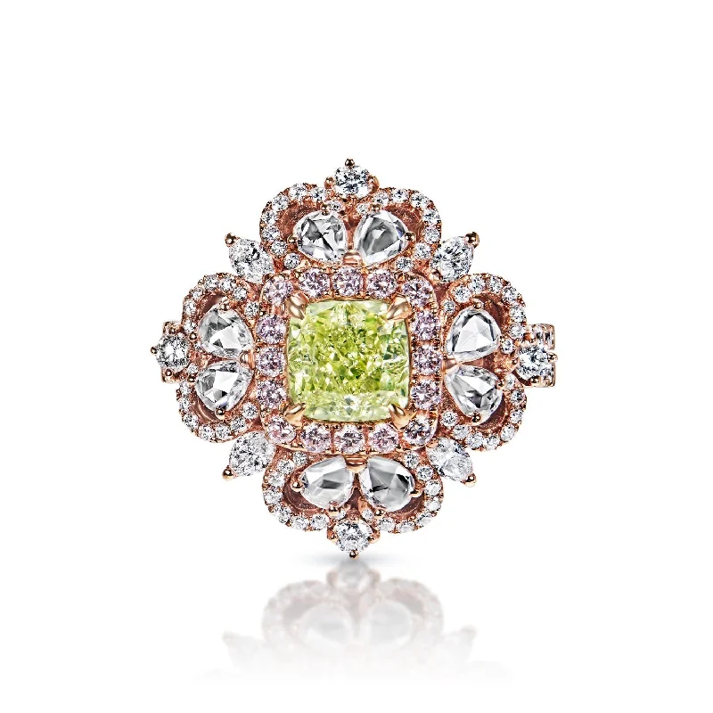 Yara 1 Carat Natural Fancy Yellow-Green SI1 Cushion Cut Diamond Engagement Ring in Rose Gold. By Mike Nekta GIA Certified