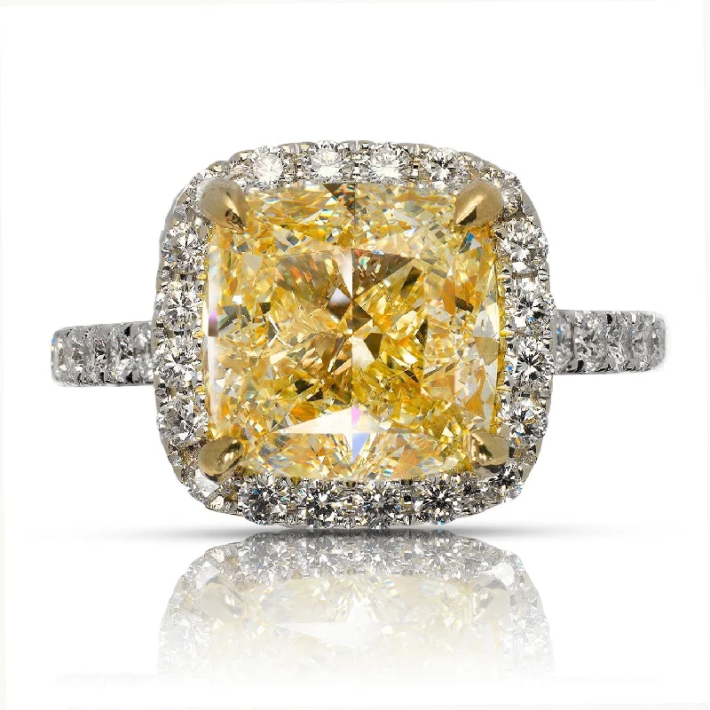 YSE 6 CARAT CUSHION CUT YELLOW DIAMOND ENGAGEMENT RING 18K WHITE GOLD GIA CERTIFIED 5 CT BY MIKE NEKTA