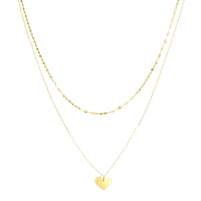 14K Gold Polished Heart & Mirror Chain Multi-Strand Necklace