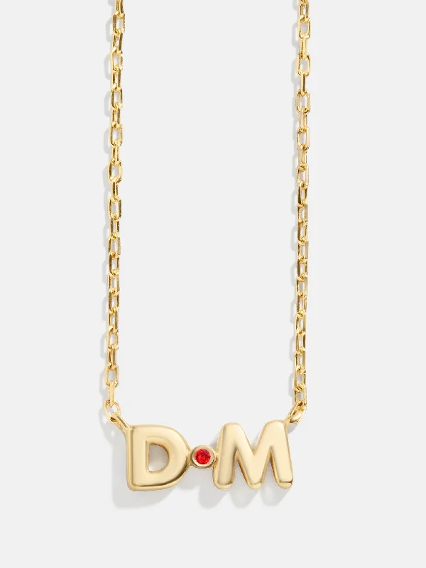 18K Gold Double Initial Birthstone Custom Necklace - Garnet