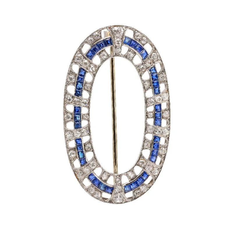 Art Deco French sapphire diamond platinum brooch