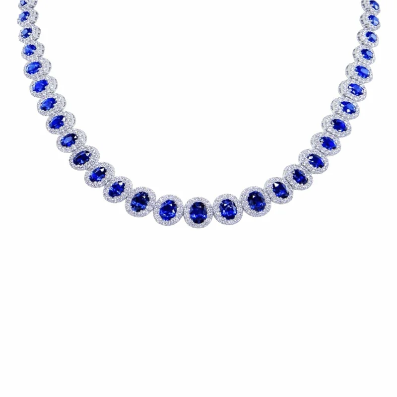 Blue Sapphire & Diamond Graduated Halo Necklace