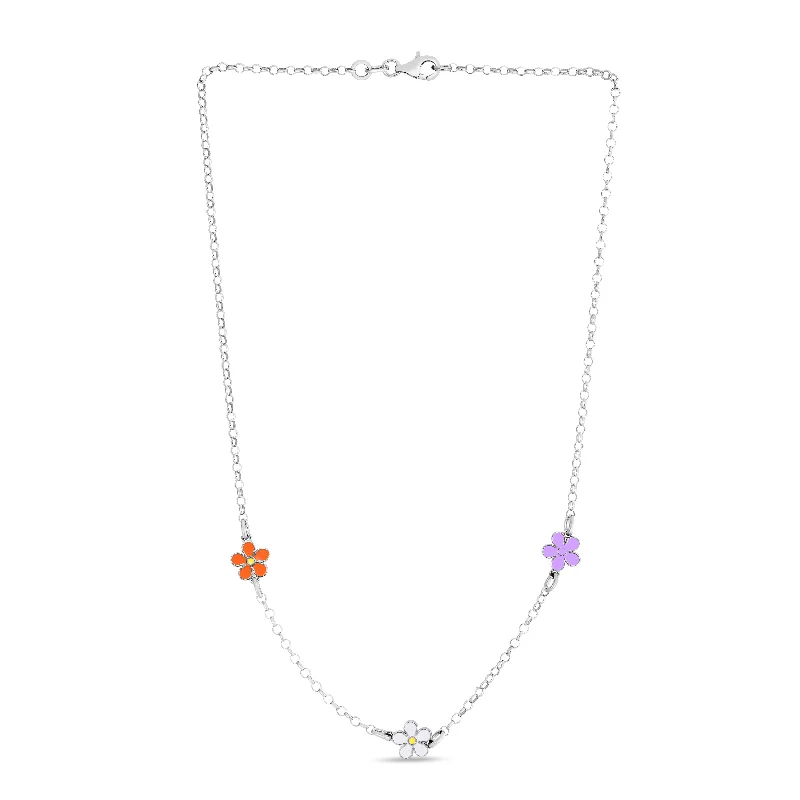 Silver Enamel Flowers Necklace