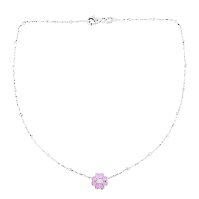 Silver Enamel Pink Flower Necklace