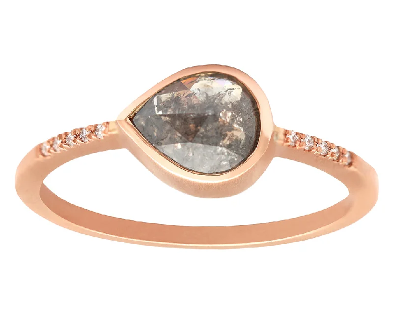 0.67ct Pear Rose-cut Grey Diamond & Rose Gold Pavé Bezel Ring