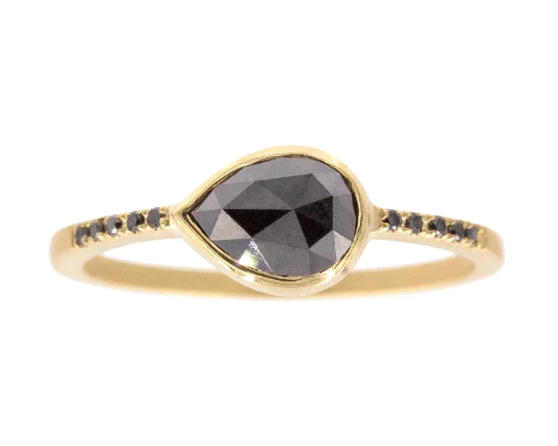 0.83ct Pear Rose-cut Black Diamond & Yellow Gold Pavé Bezel Ring