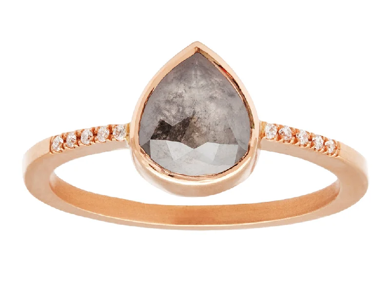 1.03ct Pear Rose-cut Grey Diamond & Rose Gold Pavé Ring