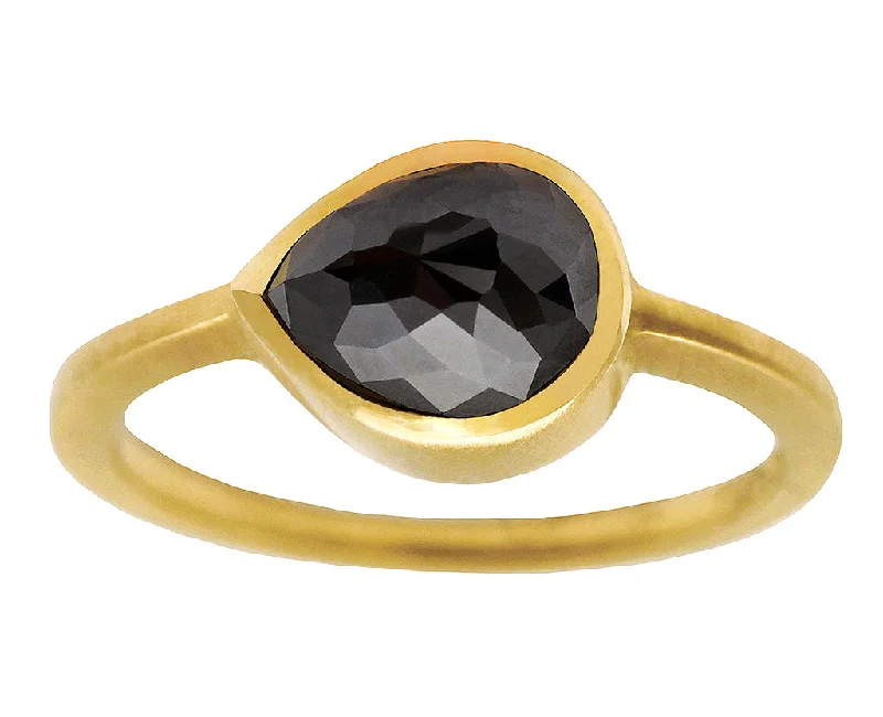 1.50ct Pear Rose-cut Black Diamond & Yellow Gold Bezel Ring