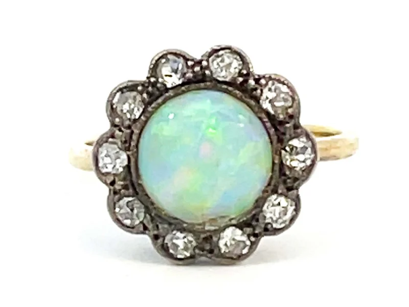 100 Year Old Antique Edwardian Era Opal and Diamond Flower Halo Ring