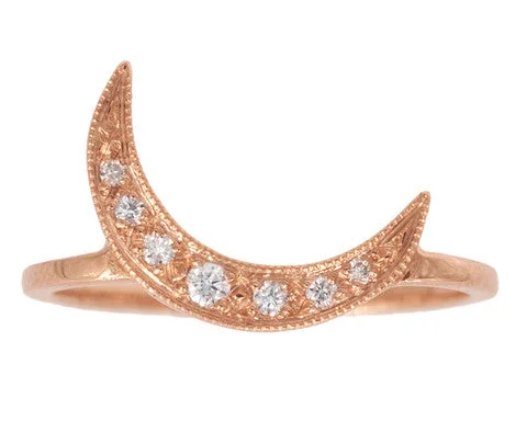 White Diamond Crescent Moon & Rose Gold Ring