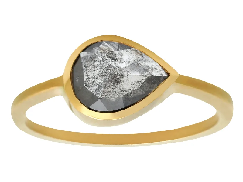 1ct Pear Rosecut Dark Grey Diamond & 18k Yellow Gold Ring