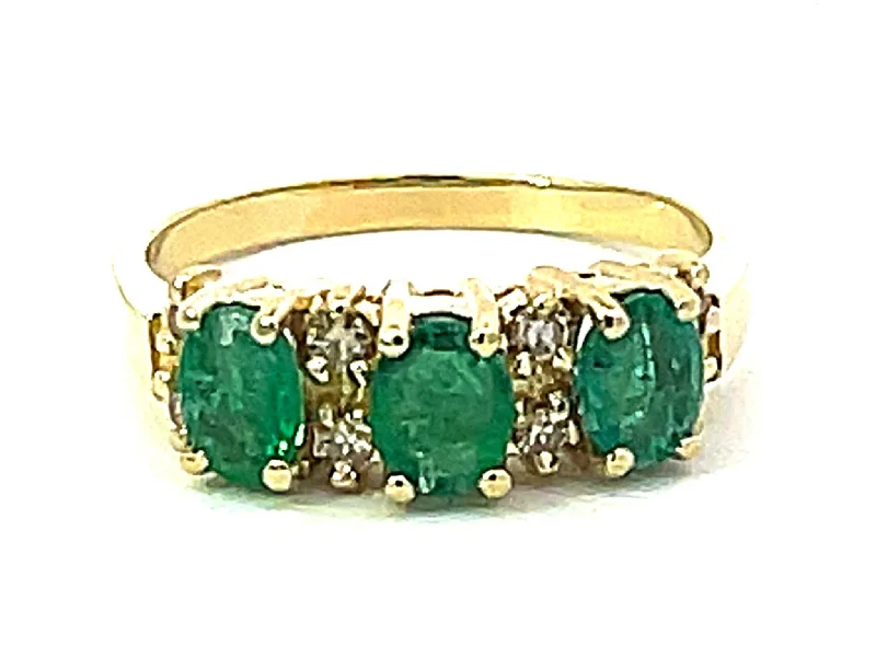 3 Oval Green Emerald and Diamond Band Ring in 14k Yellow Gold