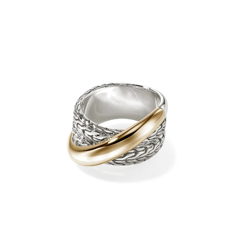 JOHN HARDY ESSENTIAL STERLING SILVER AND 14K YELLOW GOLD CROSSOVER RING