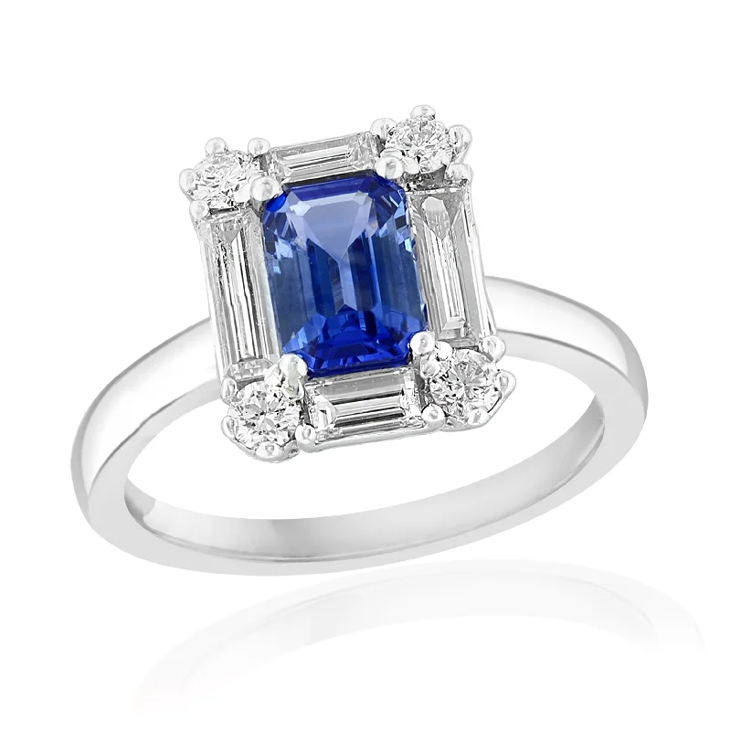 14K WHITE GOLD EMERALD-CUT SAPPHIRE DIAMOND RING