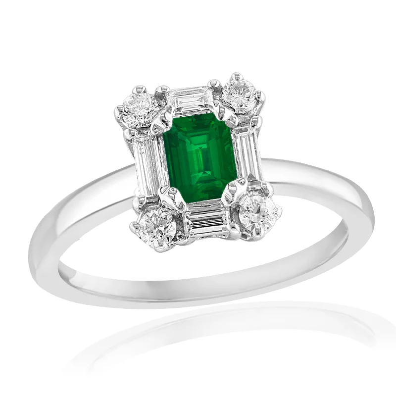 14K WHITE GOLD DIAMOND-FRAMED EMERALD-CUT EMERALD RING