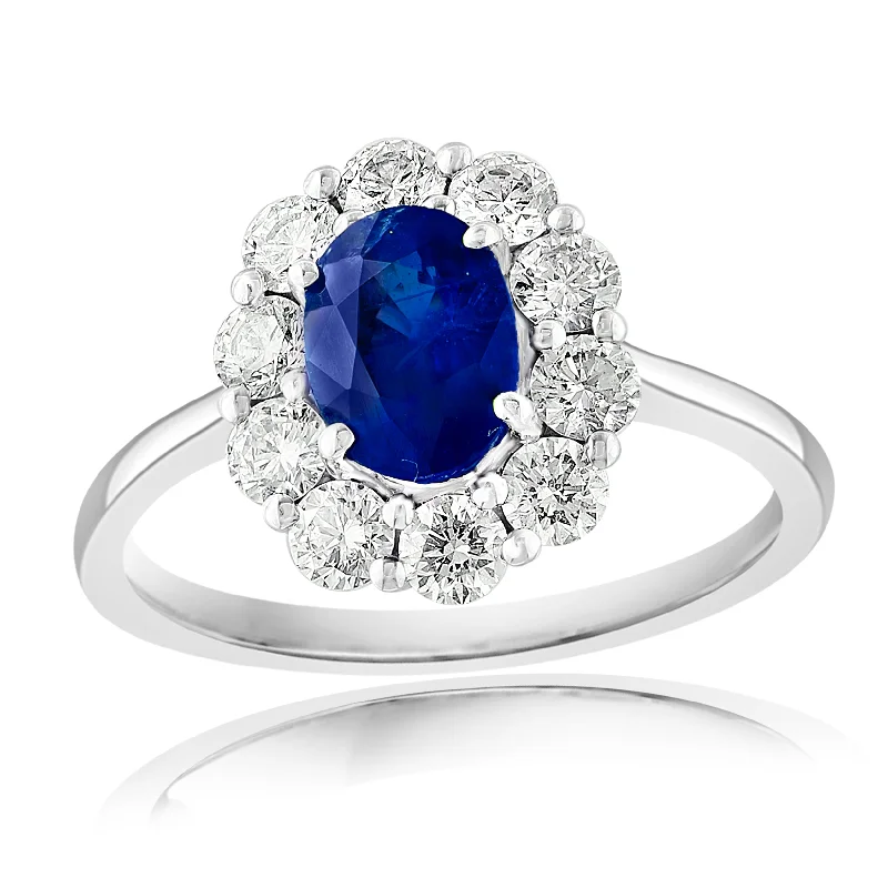 14K WHITE GOLD OVAL SAPPHIRE DIAMOND HALO RING