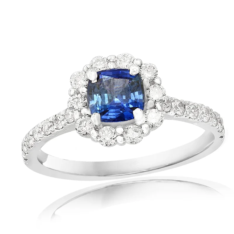 14K WHITE GOLD SAPPHIRE DIAMOND HALO RING