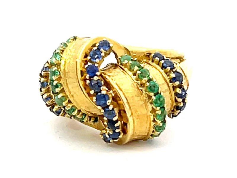 Alternating Sapphire and Emerald Rows Vintage Ring in 18k Yellow Gold