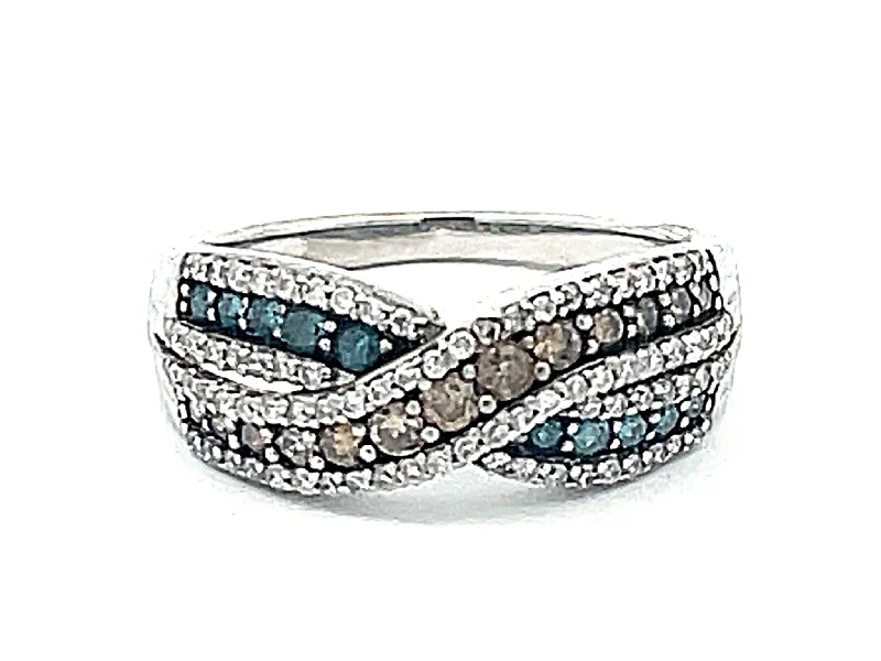 Blue, Chocolate and White Diamond Band Ring in 14k White Gold