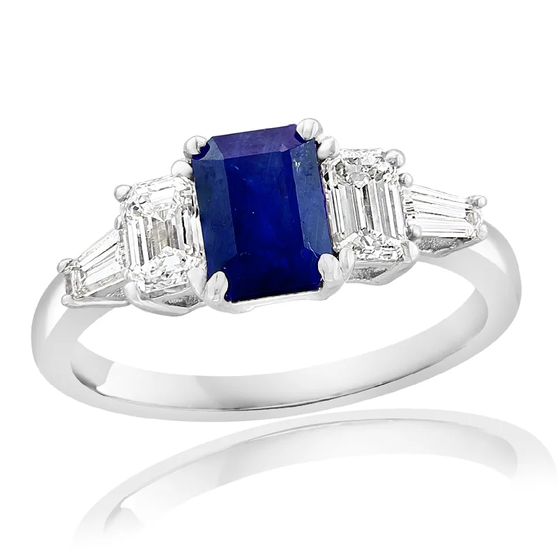 14K WHITE GOLD EMERALD-CUT SAPPHIRE DIAMOND RING