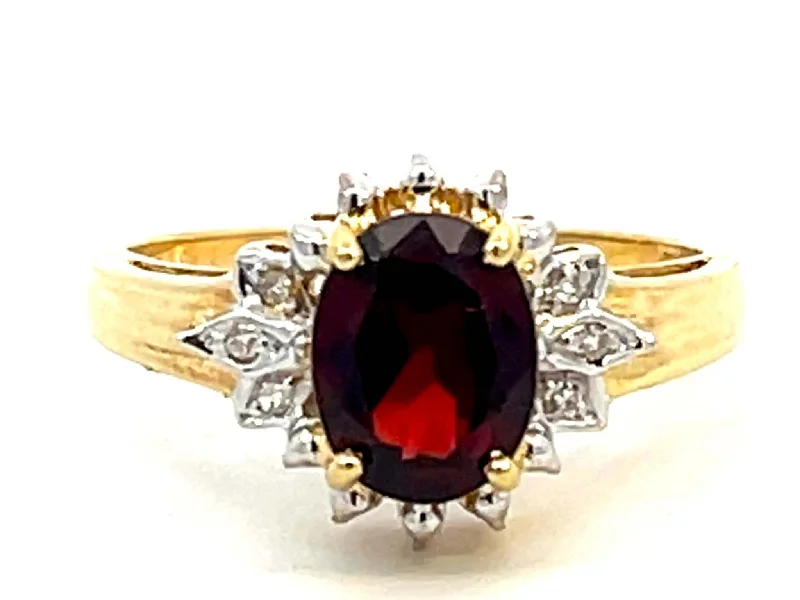 Deep Red Oval Garnet and Diamond Ring 14k Yellow Gold