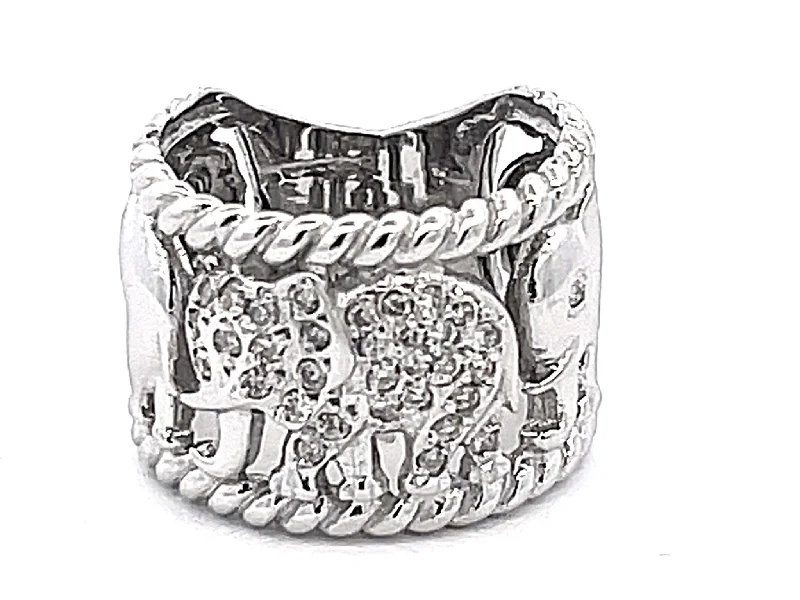 Diamond Elephant Wide Band Ring in 14k White Gold