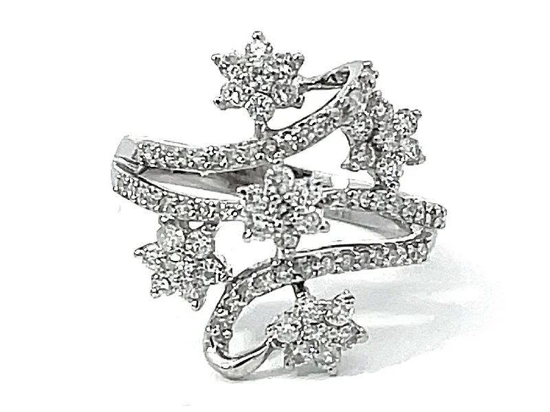 Diamond Row and Diamond Flower Wide Ring in 14k White Gold