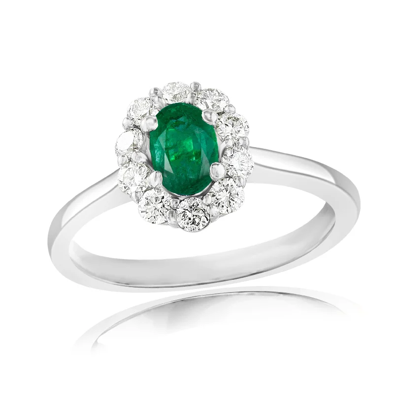 18K WHITE GOLD OVAL EMERALD DIAMOND HALO RING