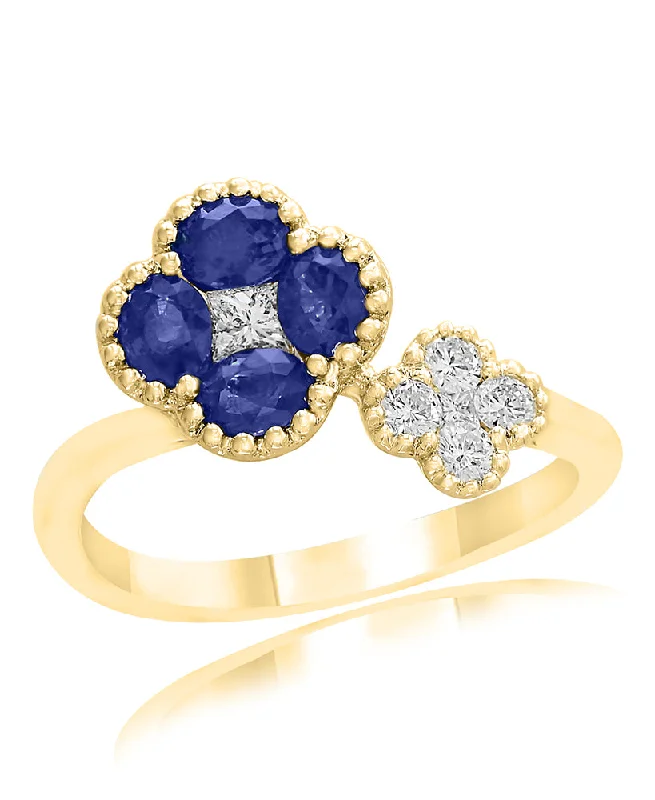 18K YELLOW GOLD DOUBLE CLOVER SAPPHIRE DIAMOND RING